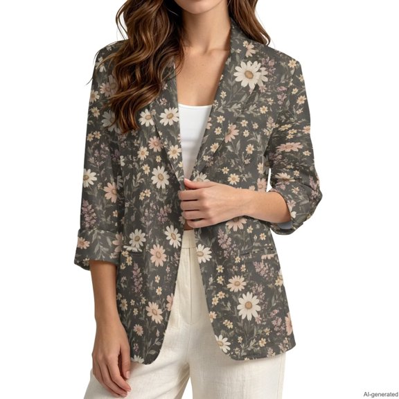LedBack Daisy Print Suit Blazer Women Linen-Style Blazers 3/4 Sleeve & Lapel Collar Blazer Jacket with Pocket for Work Office Vacation, S