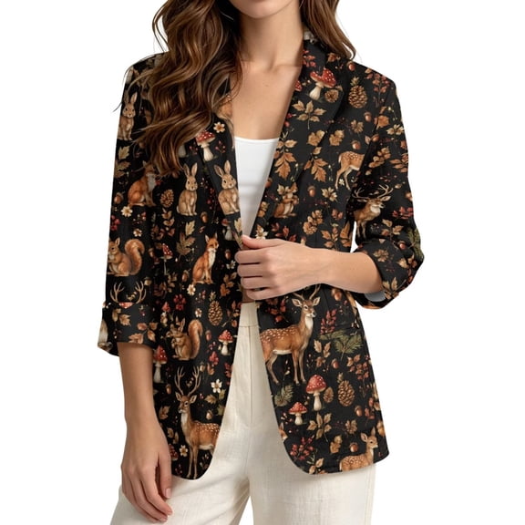 LedBack Deer Fox Print Blazers for Women Business Casual Outfits Linen-Style Blazer Suit with Pocket Lightweight 3/4 Sleeve Suit Jacket