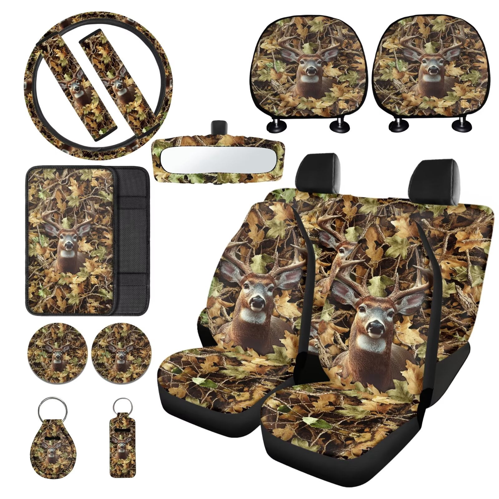 LedBack Deer Hunting Print Auto Seat Covers Full Set Non Slip Automotive Steering Wheel Covers Auto Seatbelt Pads Lipstick Holder Keychain Breathable Headrest Covers for Car Interior Decor
