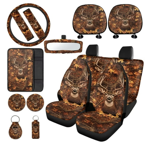 LedBack Deer Hunting Printed Car Seat Covers Full Set Maple Leaves Auto Seat Protector with Steering Wheel Covers Washable Armrest Pads Covers Lipstick Holder Keychains Car Accessories Set
