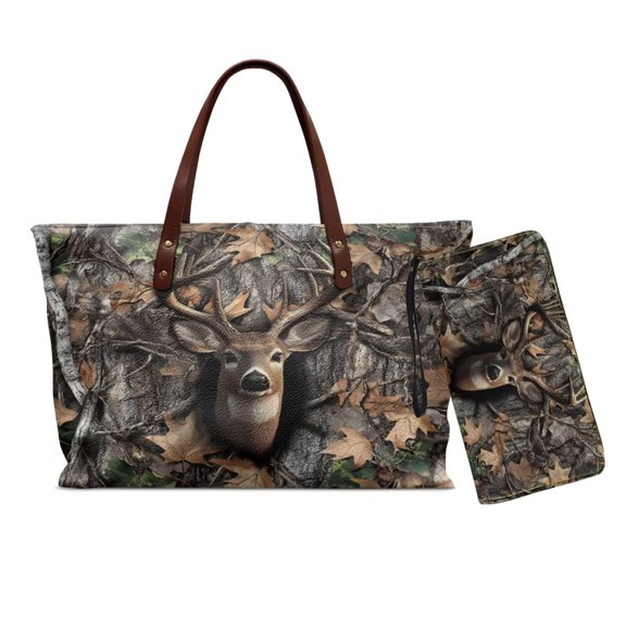 LedBack Deer Hunting Printed Handbag and Wallet Set Womens Tote Bag Top Handle Shoulder Purse with Matching Wristlet Wallet Pu Leather Totes Satchel Purses for Travel, Brown