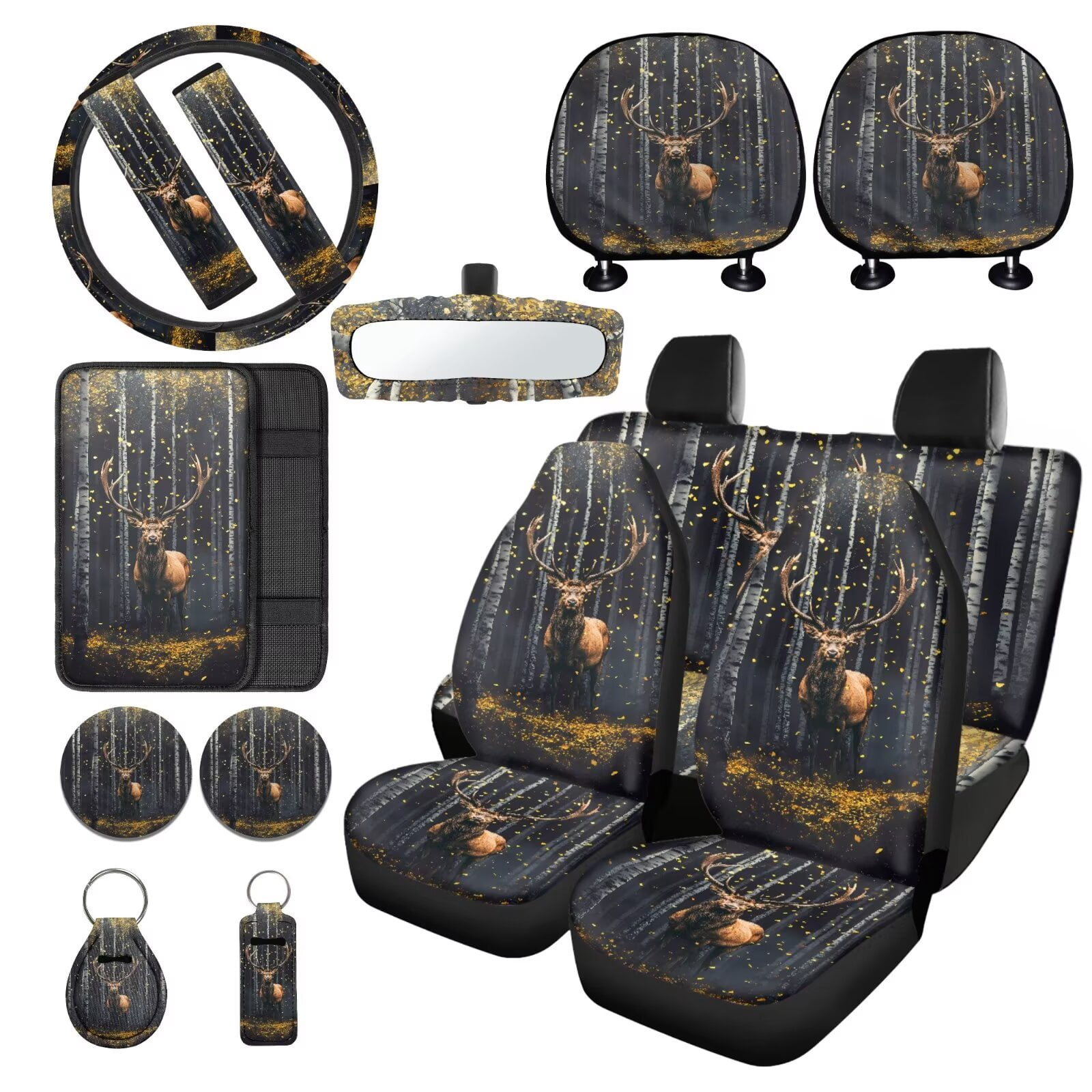 LedBack Deer Printed Car Seat Cover Full Set with Steering Wheel Covers Armrest Pads Covers Non Slip Head Rest Cushion Covers for Car Interior Decor, 15 Pcs Auto Seat Protector Car Accessories