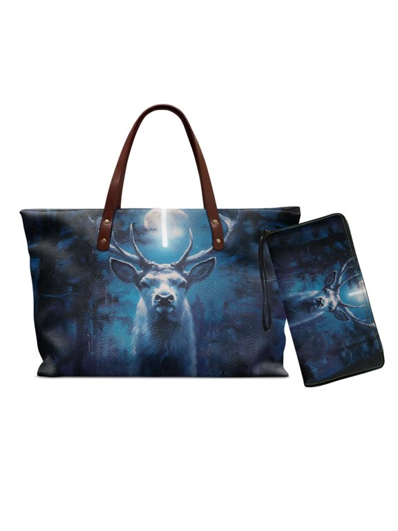 Deer Printed Handbag and Wallet Set Lightweight Shoulder Purse Tote Bag with Wristlet Wallet for Women Ladies Waterproof Top Handle Handbags for Travel, Blue