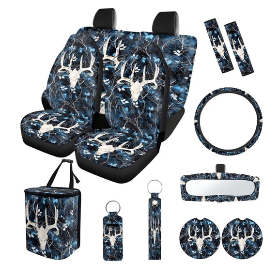 LedBack Deer Skull Print Car Seat Covers Full Set Camo Hunting Print Front and Rear Split Bench Seat Covers with Steering Wheel Cover Safety Belt Pads Inside Rearview Mirror Cover, Blue
