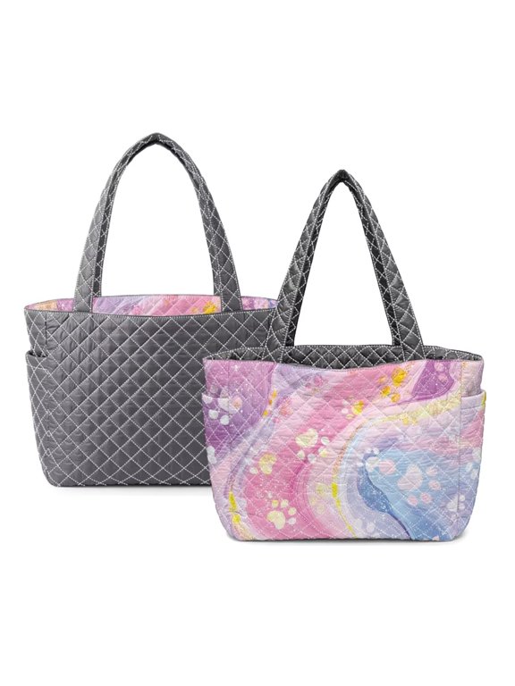 Dog Paw Print Quilted Totes for Women Marble Print Women's Tote Handbags with Pockets Large Reversible Bag for Daily Use