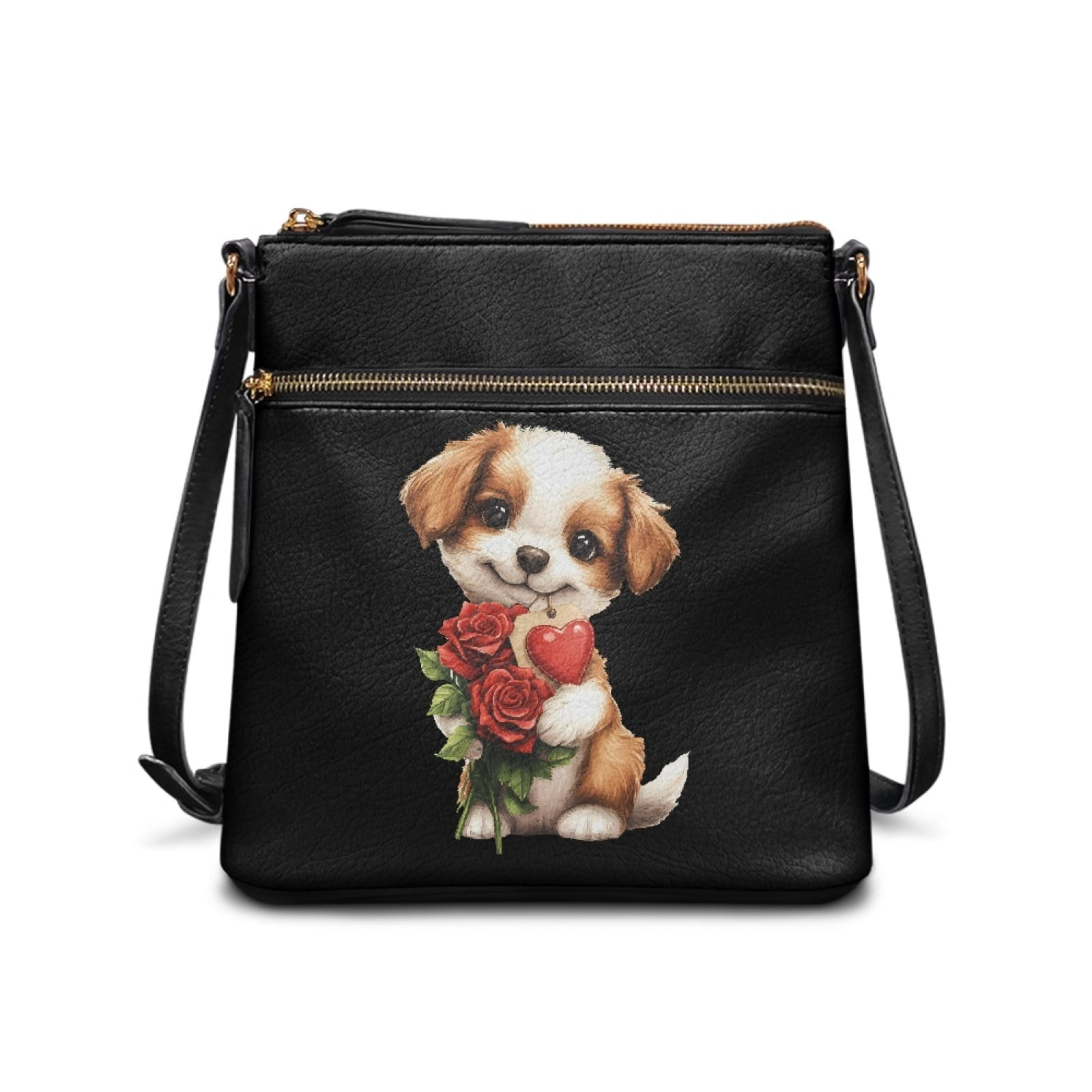 LedBack Dog with Rose Crossbody Purse for Women, Leather Satchel Bag Shoulder Handbag Zipper Hobo Purse with Adjustable Strap Sling Messenger Bag, Black