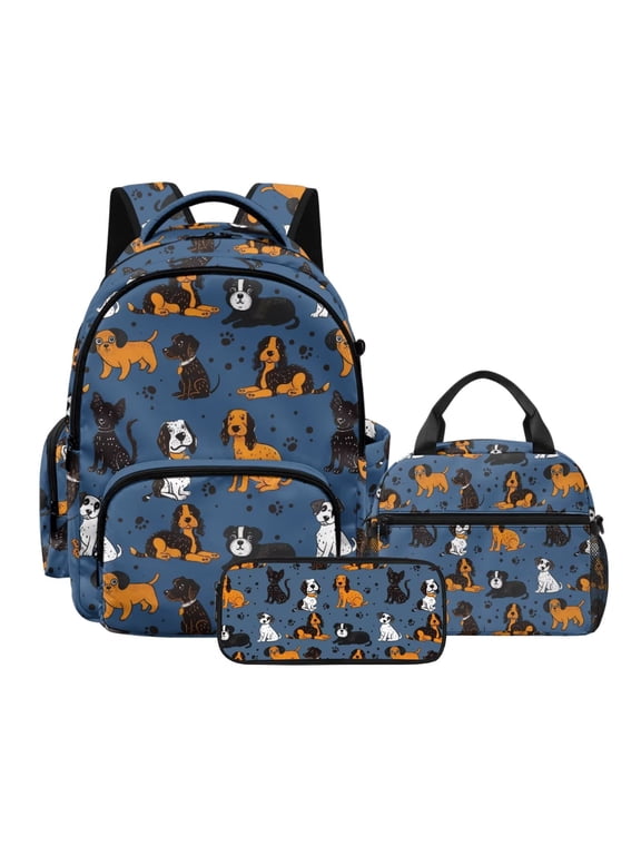 Dogs Print Kids Backpack Set with Lunch Box, Animal Paw Printed Kids School Bag with Adjustable Shoulder Strap, Practical Schoolbag and Lunch Box Pencil Pouch Set of 3