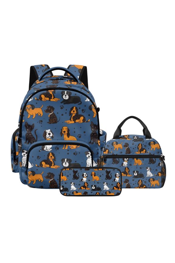 Dogs Print Kids Backpack Set with Lunch Box, Animal Paw Printed Kids School Bag with Adjustable Shoulder Strap, Practical Schoolbag and Lunch Box Pencil Pouch Set of 3