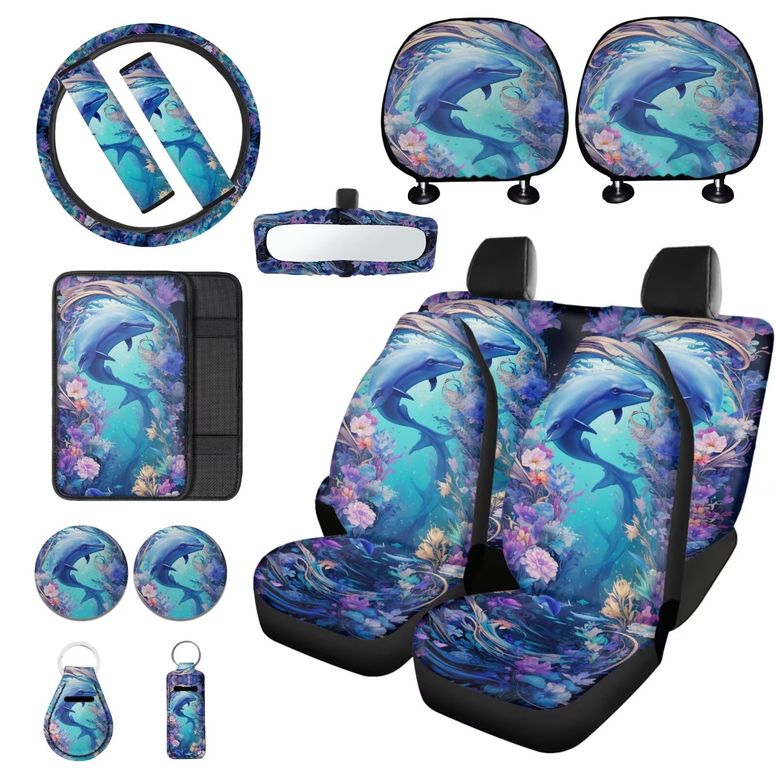 LedBack Dolphin Floral Print Car Seat Covers Set 15 Pcs Car Front and Back Seat Cover Steering Wheel Cover Armrest Pads Covers Headrests Cover Seatbelt Cover Car Coaster Keychain, Blue