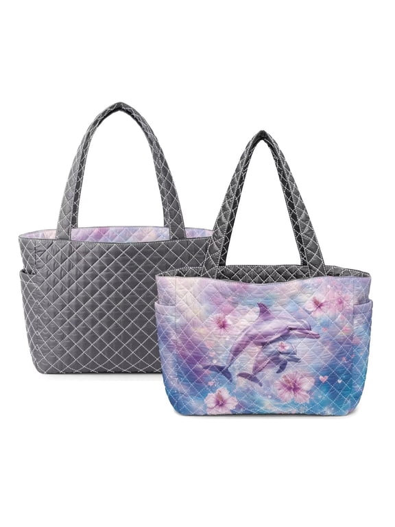 Dolphin Hibiscus Print Quilted Tote Bag for Women Double Sided Work Bags with Pockets