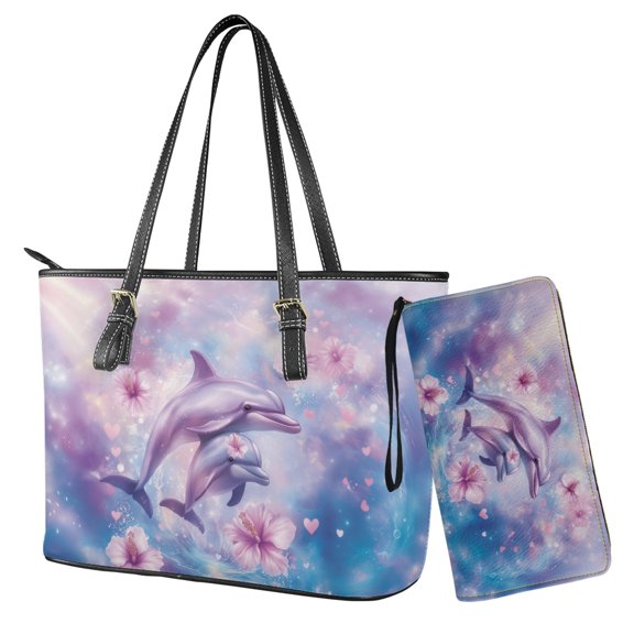 LedBack Dolphin Hibiscus Printed Top Handle Shoulder Bags Waterproof Handbag and Wallet Set Leather Totes Shoulder Purse with Matching Wrist Wallet for Dating