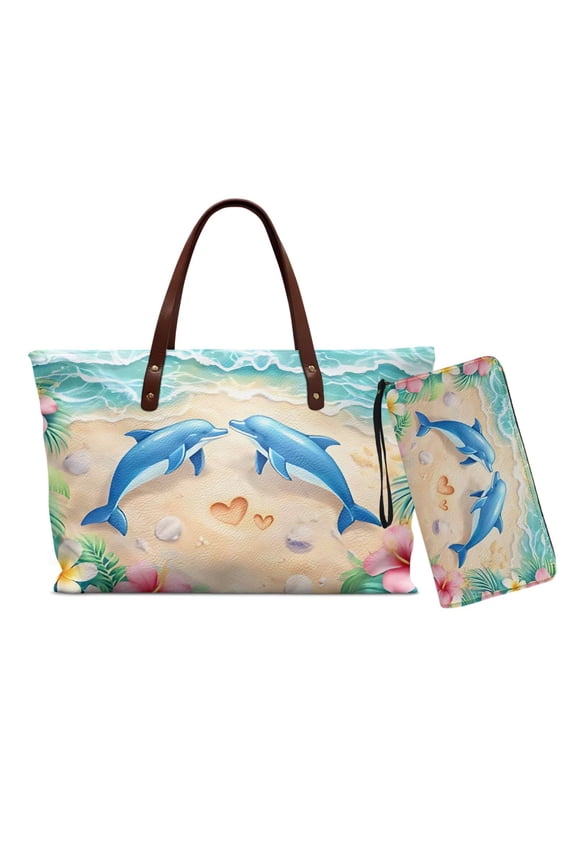 Dolphin Hibiscus Printed Tote Bag with Matching Wallet for Women Pu Leather Handbag and Wallet Set Lightweight Top Handle Handbags with Wristlet Wallet for Travel, Blue
