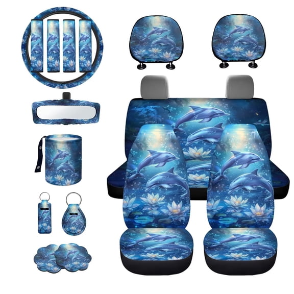 LedBack Dolphin Lotus Print Full Seat Covers for Cars Cloth with Steering Wheel Cover Headrest Covers Safety Belt Pads Inside Rearview Mirror Cover Garbage Bag Cup Coasters Key Chain