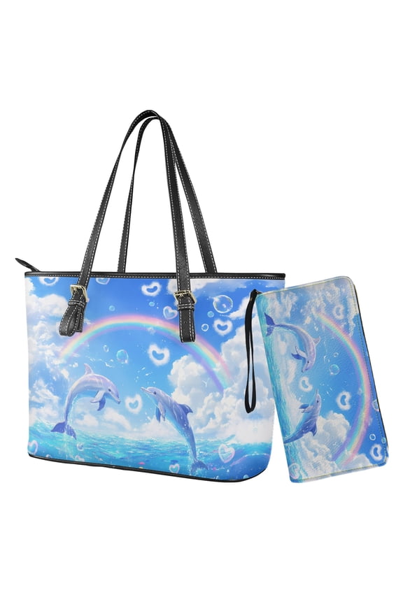 Dolphin Print Handbag and Purse Set Womens Top Handle Shoulder Bag with Matching Wallet Leather Shoulder Purses Hobo Bag Totes for Travel