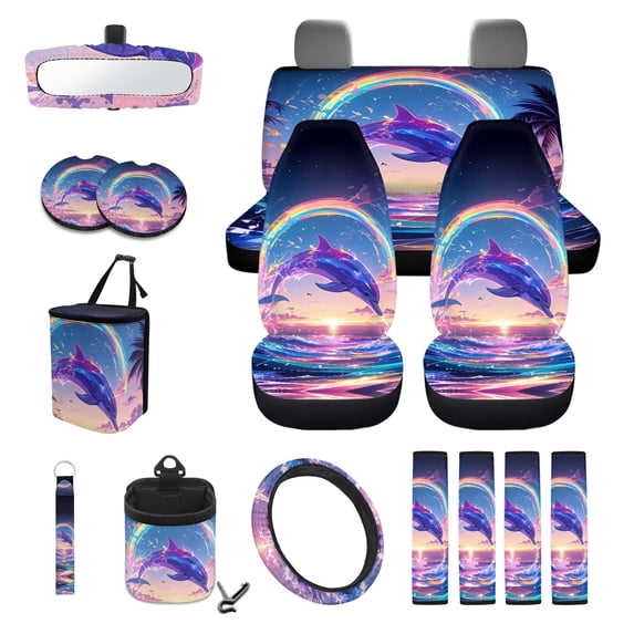 LedBack Dolphin Rainbow Print Full Set Car Seat Covers with Accessories Universal Car Front and Rear Seat Covers for Truck Sedan Vehicle, Decorative Auto Interior Accessories, Set of 15