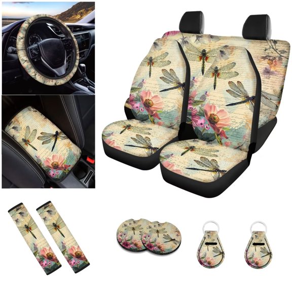 LedBack Dragonfly Car Seat Covers with Floral Printed Car Seat Covers Full Set Soft Steering Wheel Cover Car Armrest Pad Cover Front Rear Seat Protective Cover Full Set with Keychain, Beige