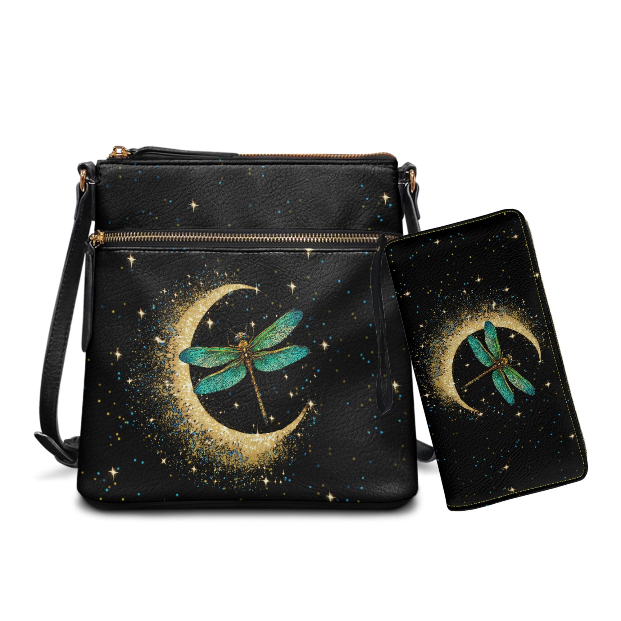 LedBack Dragonfly Moon Crossbody Satchel Purse with Wallet Set for Women Lady, Leather Hobo Bag Shoulder Bag Multi Pocket Messenger Purse with PU Wallet, Black