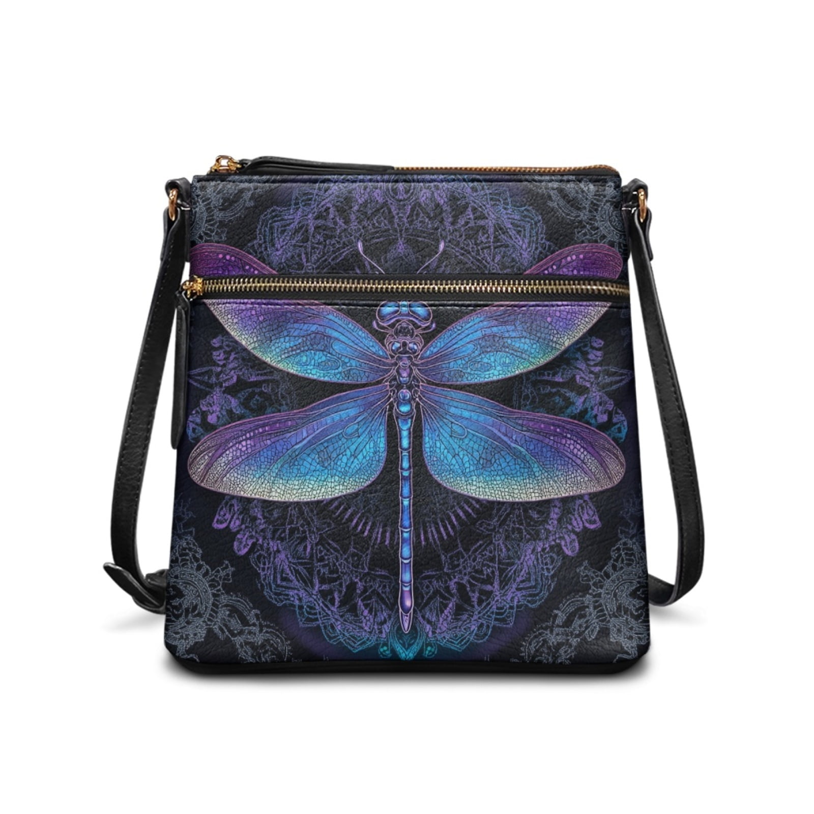 LedBack Dragonfly Print Leather Women Crossbody Satchel Bag Portable Mandala Flower Shoulder Handbag with Adjustable Strap Zipper Hobo Bag Cross Body Bag with Multi Pocket, Blue