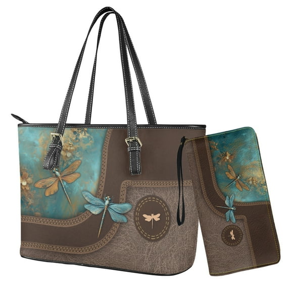 LedBack Dragonfly Printed Handbag and Wallet Set Waterproof Tote Bag Top Handle Handbag with Matching Leather Wallet Large Capacity Shoulder Satchel Clutch Purse, Brown