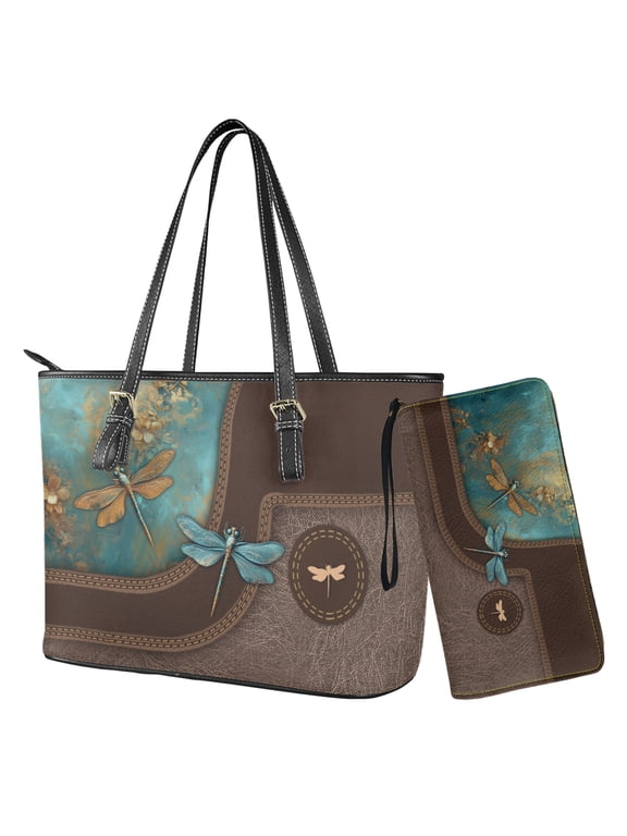 Dragonfly Printed Handbag and Wallet Set Waterproof Tote Bag Top Handle Handbag with Matching Leather Wallet Large Capacity Shoulder Satchel Clutch Purse, Brown