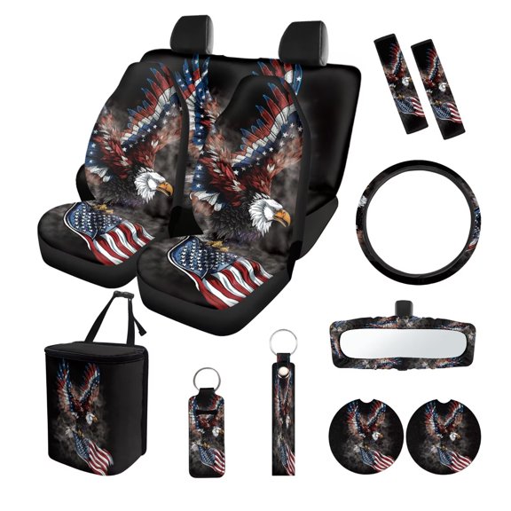 LedBack Eagle Print 13Pcs Car Interior Cover Set American Flag Print Car Front and Rear Seat Covers with Steering Wheel Cover Safety Belt Pads Cup Coasters, etc, Universal Fit Most Cars