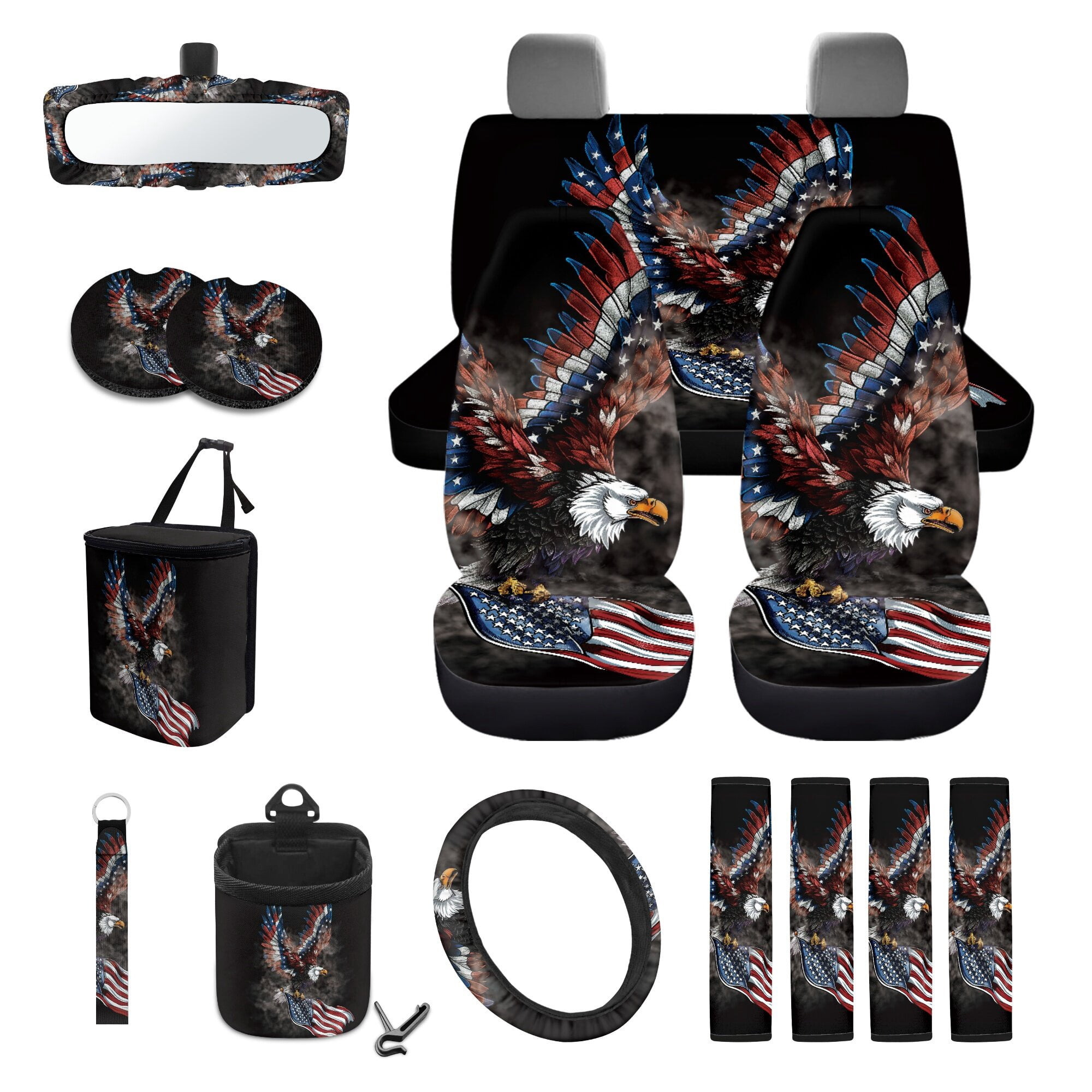 LedBack Eagle Print Car Seat Cover Set American Flag Print Steering Wheel Cover Safety Belt Pads Rear View Mirror Protector Car Air Vent Organizer Garbage Bag 4th of July Car Decor