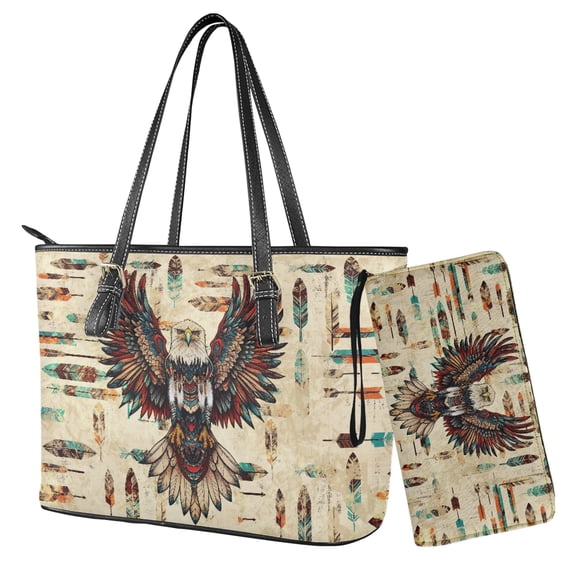 LedBack Eagle Print Handbag Set Womens Top Handle Shoulder Bag with Wristlet Wallet Large Shoulder Handbag with Zipper Inner Pockets, Brown