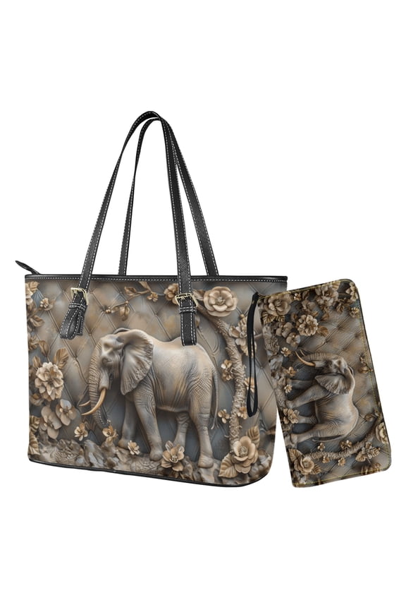 Elephant Floral Printed Wallet and Purse Set Waterproof Handbag Totes Pu Leather Wristlet Purse Lightweight Shoulder Bag Top Handle Satchels Totes for Women Ladies, Bronze