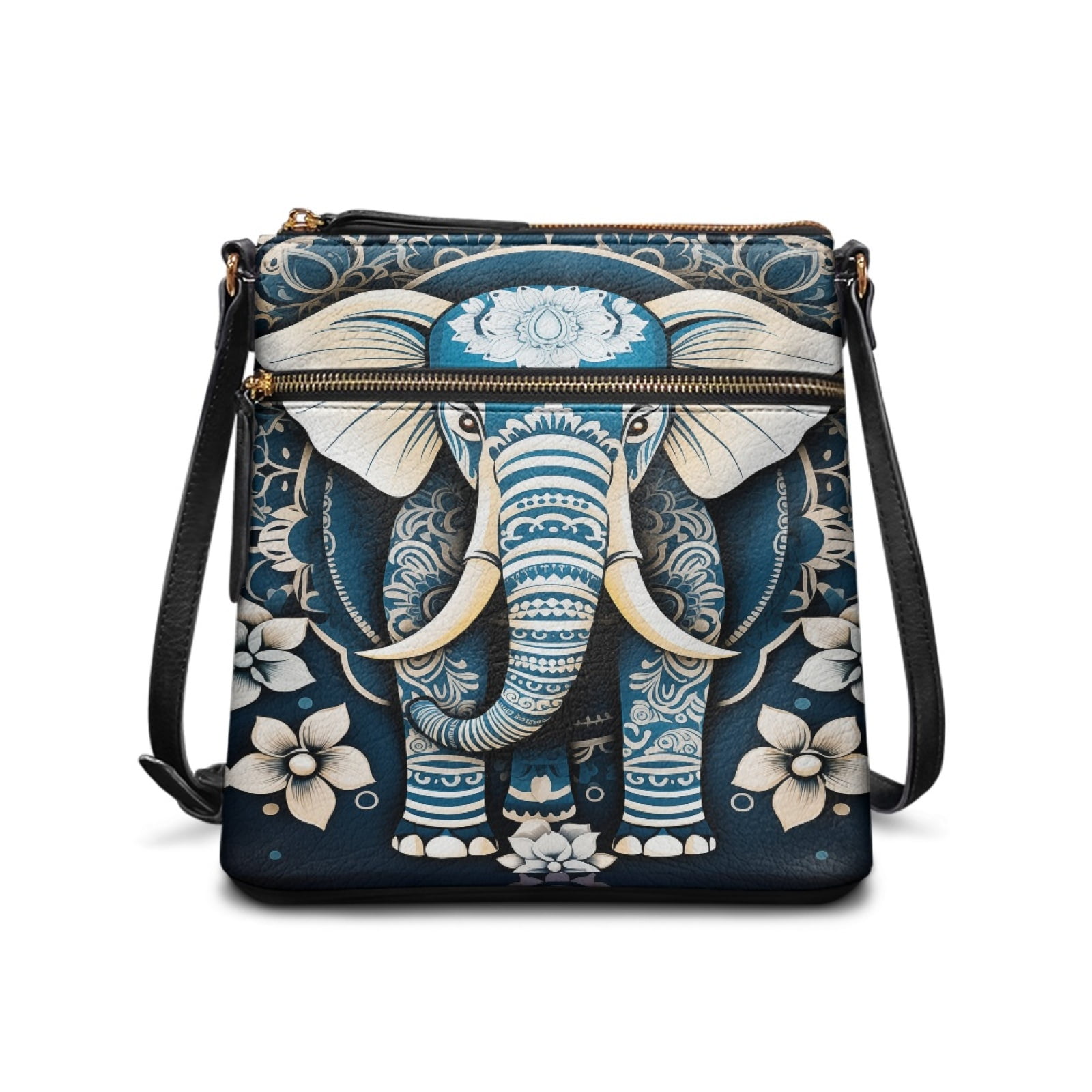 LedBack Elephant Print Leather Shoulder Purse for Women Crossbody, Zipper Hobo Bag Messenger Purse Medium Size Satchel Purse with Adjustable Strap, Blue