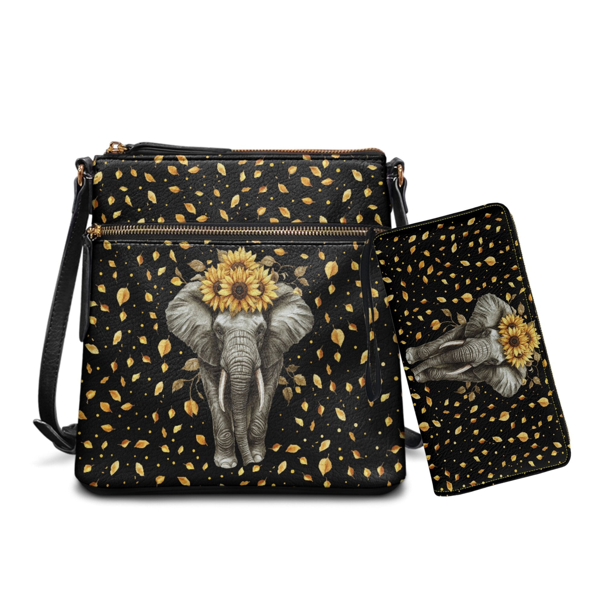 LedBack Elephant Sunflower Leather Shoulder Purse with Wallet Set Multi Pocket Crossbody Purse Hobo Bag Satchel Handbag Leather Wallet with Wrist Strap, Black
