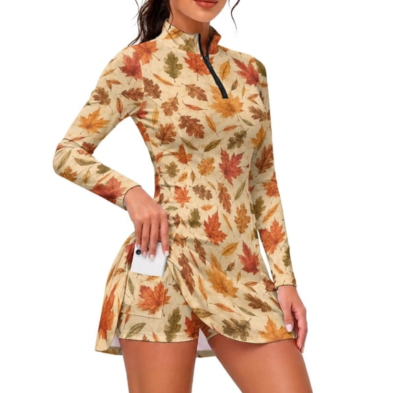 Long A Exercise LedBack Fall Golf Dresses for Women Maple Leaf Print Tennis Dress with ...