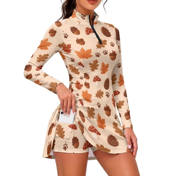 Long A Exercise LedBack Fall Theme Golf Dresses for Women Acorn Mushroom Print Tennis ...