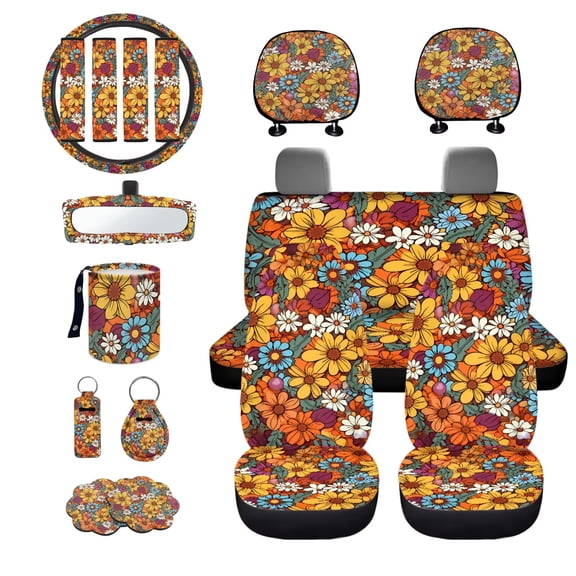 LedBack Flower Print Car Seat Cover Sets for Women Full Set High Back Seat Covers with Head Rest Covers Steering Wheel Cover Safety Belt Pads Car Rear View Mirror Protector Garbage Bag