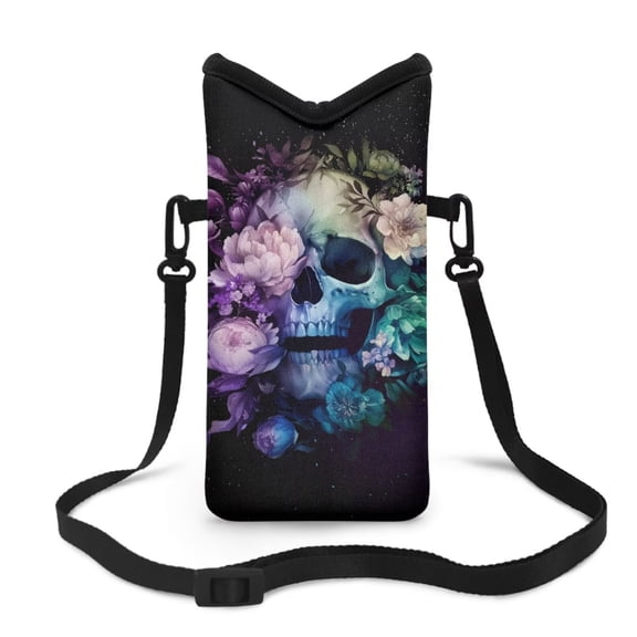 LedBack Flower Skull Print Cell Phone Pouch with Strap Neoprene Cell Phone Sleeve Pouch Case Bag for Women Men Universal Cellphone Purse Bag Fit Most of Smartphones