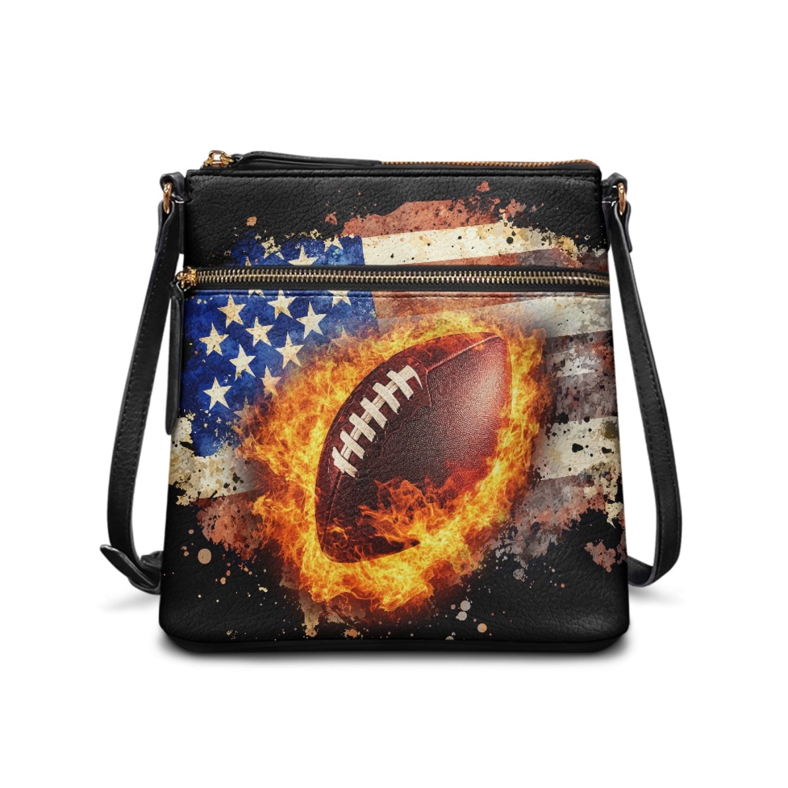 LedBack Football Print Leather Crossbody Purse for Women Ladies, Zipper American Flag Cross Body Bag Satchel Bag Messenger Purse Multi Pockets Satchel Purse with Adjustable Strap, Black