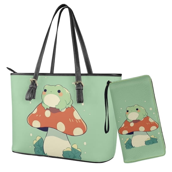 LedBack Frog Mushroom Top Handle Handbag with Wallet Set Womens Shoulder Bag Bucket Totes Hobo bag Waterproof Leather Wallet Handbag with Purse Set of 2, Green