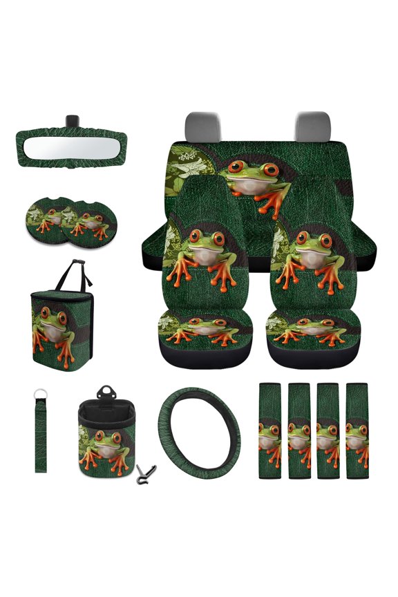 Frog Print Car Interior Cover Set 15Pcs Universal Car Front and Rear Seat Covers with Steering Wheel Cover Safety Belt Pads Cup Cushions Key Chain Decorative Auto Accessories