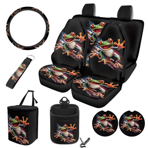 LedBack Frog Print Car Interior Cover Set American Flag Print Car Seat Cover for Front Back Seats with Garbage Bag Air Vent Storage Bag Organizer, Decorative Auto Accessories