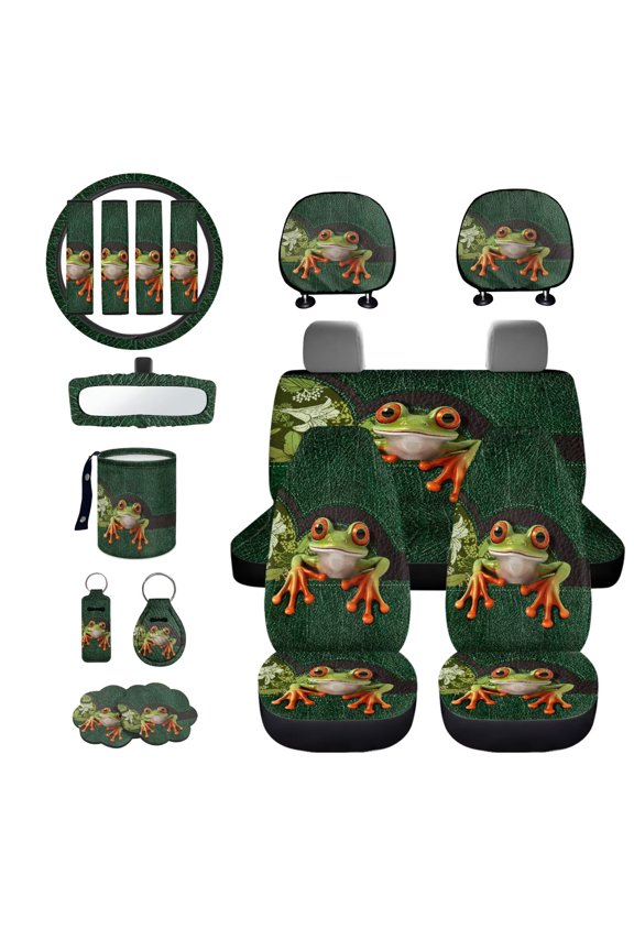 Frog Print Car Seat Cover Sets Full Set Soft Stretchy Front Back Seat Covers with Headrest Covers Steering Wheel Cover Safety Belt Pads Rear View Mirror Protector Trash Bag