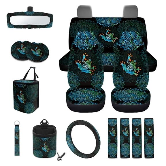 LedBack Frog Print Car Seat Covers Front and Back Full Set Boho Mandala Flower Print Steering Wheel Cover Safety Belt Pads Car Vent Storage Pouch Trash Bin Rearview Mirror Cover, Blue