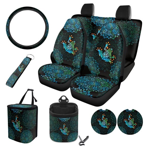 LedBack Frog Print Car Seat and Steering Wheel Cover Set Boho Mandala Flower Print Car Front Rear Seat Covers for Truck Sedan SUV 10 Pieces Auto Interior Decorative Accessories, Blue