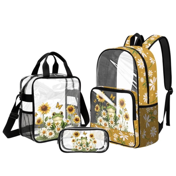 LedBack Frog Sunflower Printed Clear School Backpacks for Boys 8-12 with Lunch Bag Pencil Box 3 Pcs Butterfly Daisy Transparent Backpack Clear Lunch Bag for Preschool Middle School, Yellow
