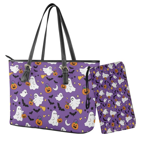 LedBack Ghost Bat Print Top Handle Satchel Bags Set Womens Halloween Pumpkin Handbag and Wallet Sets Lightweight Totes Shoulder Purse with Leather Wallet Clutch Gift for Mom, Purple