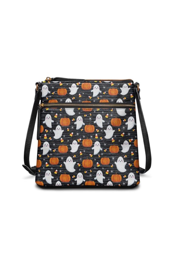 Ghost Pumpkin Print Women Satchel Handbags Leather Purse Crossbody Shoulder Bag with Adjustable Shoulder Straps, Portable Multi Pockets Messenger Bag, Black