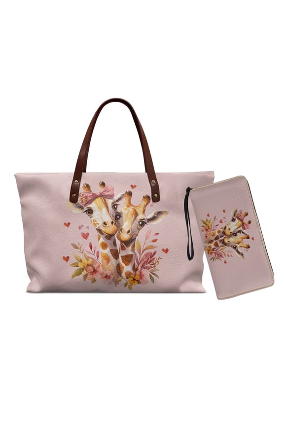 Giraffe Flower Printed Handbag and Wallet Set Waterproof Top Handle Shoulder Purse with Matching Wallet Womens Tote Bag Shoulder Bag Clutch Purse for Ladies, Pink