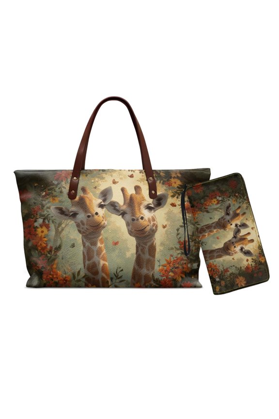 Giraffe Flower Printed Tote Bag Set Womens Handbag and Wallet Set Waterproof Shoulder Purse with Matching Wallet Lightweight Top Handle Handbags for Ladies, Brown