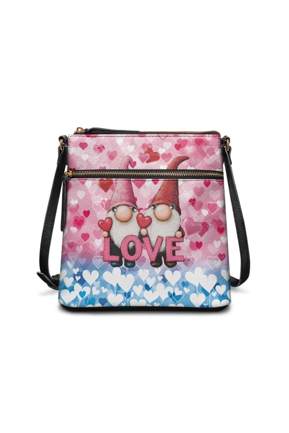 Gnome Print Leather Crossbody Bag for Women, Valentine PU Satchel Handbag Heart Print Hobo Bag Anti Theft Shoulder Purse with Multi Zipper Pockets, Gift for Wife Girlfriend, Pink