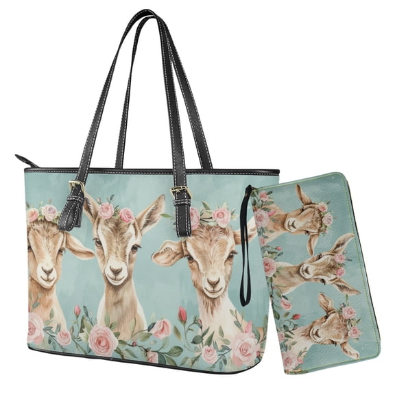 LedBack Goat Rose Printed Wallet and Purse Set Large Capacity Top Handle Handbag with Wristlet Wallet Set Waterproof Tote Bag Hobo Handbag for Women, Blue