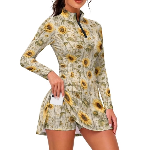 Long A Exercise LedBack Golf Dresses for Women Sunflower Print Tennis Dress with Built ...