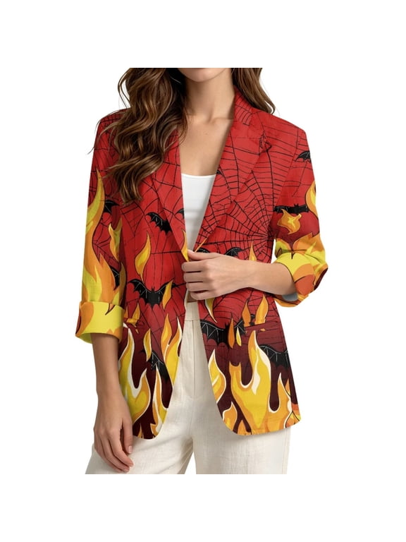 Halloween Blazer Jacket with Pocket Bat Fire Print Blazers for Women Business Casual Outfits Spider Web Print Linen-Style Suit Jacket